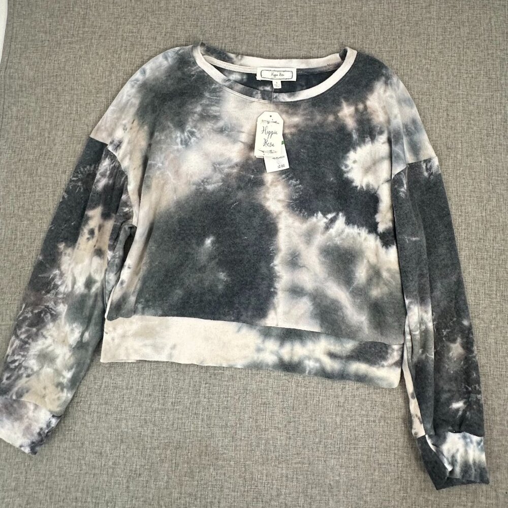 NEW! Hippie Rose Fleece Sweater Tie Dye Long Sleeve Grey Black White Tan Large